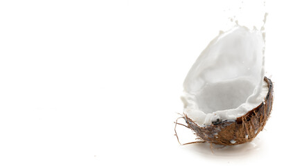 Half coconut with milk splash on white background	
