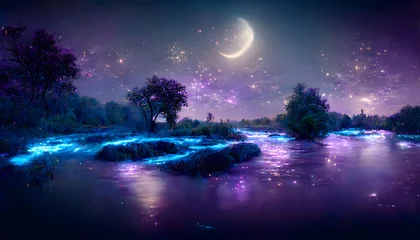 Fotobehang magical night river landscape with bioluminescent blue water, purple particles, starry sky and moon, neural network generated art. Digitally generated image. Not based on any actual scene or pattern. © lucky pics