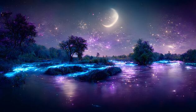 magical night river landscape with bioluminescent blue water, purple particles, starry sky and moon, neural network generated art. Digitally generated image. Not based on any actual scene or pattern.