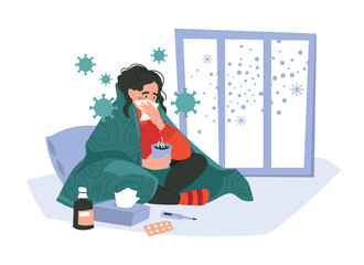 Disease. The girl has a cold, sits wrapped in a blanket, with a handkerchief and a mug of tea. Vector image.