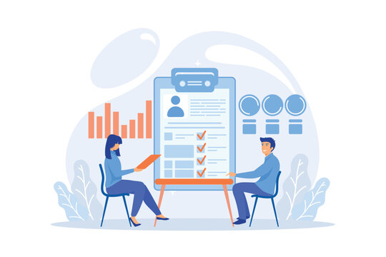 Employer meeting job applicant at pre-employment assessment. Employee evaluation, assessment form and report, performance review concept, flat vector modern illustration