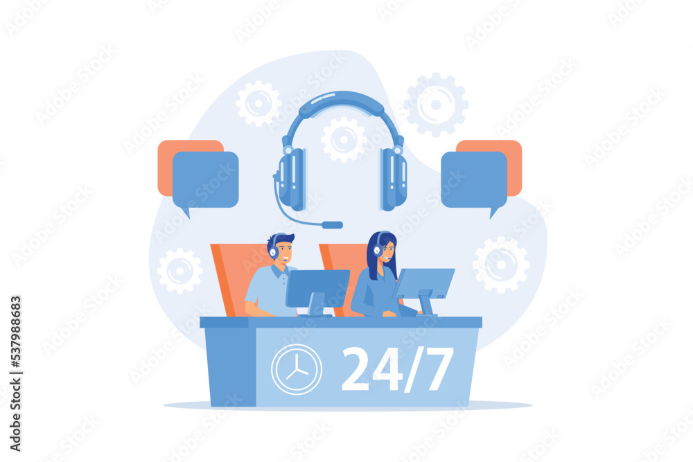 Poster customer service operators with headsets at computers consulting clients 24 for 7. call center, hand