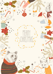 Lovely Cartoon Frame with Cute Animals and Christmas Elements