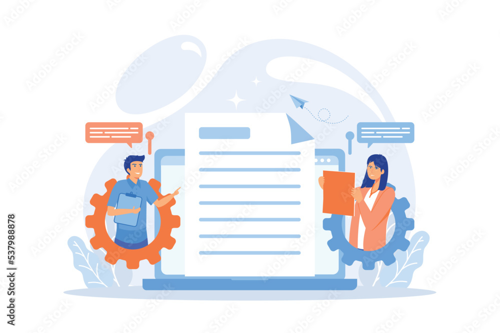 Poster business team editing shared document on laptop online. shared document, shared folder access, colla