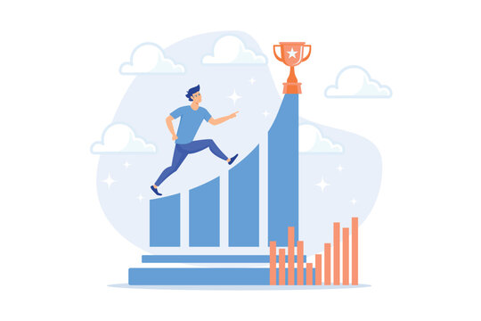 Businessman jumps on graph columns on the way to success. Positive thinking and success achievement, self-confidence concept on white background, flat vector modern illustration