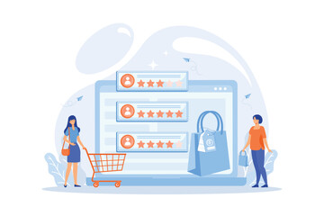 Tiny people customers rating online with reputation system program. Seller reputation system, top rated product, customer feedback rate concept, flat vector modern illustration