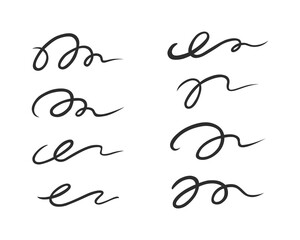 Curly swishes, swashes, swoops hand drawn collection. Calligraphy swirl. Highlight text elements. Vector illustration set.