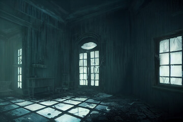 spooky, creepy interior. haunted house, halloween background, digital illustration, concept art, Generative AI