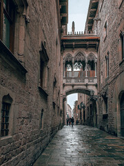 Fototapeta na wymiar People walking at Carrer del Bisbe in Barri Gotic, Barcelona