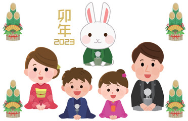 正月　着物であいさつする家族と兎　イラスト