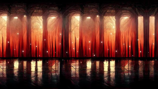 Corridor of an old fantasy palace with large windows, curtains against the sunset. Partially generated by a neural network, no reference image.