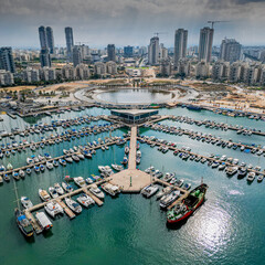 Ashdod city complete beautiful panoramic aerial view from the sea showing it modern marina...