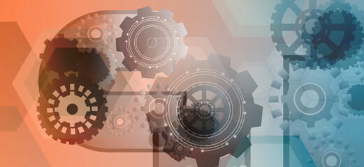 Abstract Technology hexagon cogs design background. Digital futuristic, background blue and red