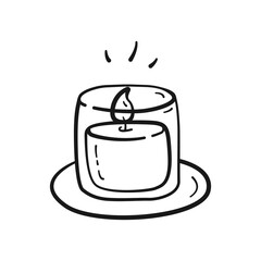 Simple doodle candle in glass jar. Burning candle in glass in black linear drawing style. Png on transparent background