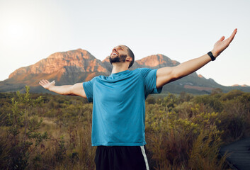 Mountain, sports man hands celebrate victory after fitness hike or climbing cardio adventure. Young happy male athlete, arms raised and wellness travel workout or outdoor runner success