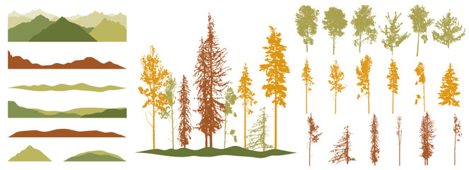 Silhouette of deciduous and coniferous trees. Creation of autumn beautiful park, forest, landscape, woodland, collection of element. Vector illustration.