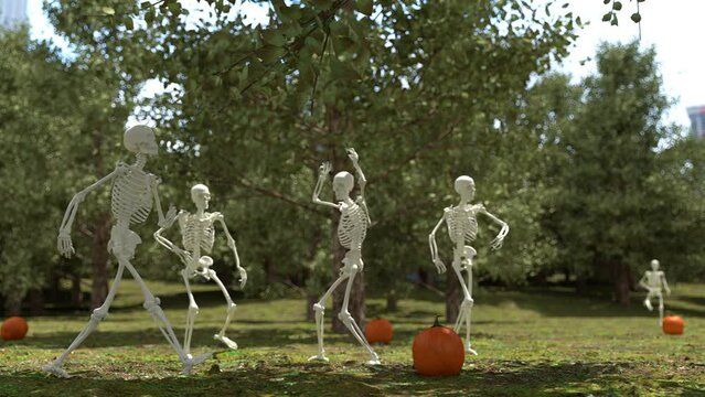 Skeletons having a good time in the park this Halloween.  Looping Animation.