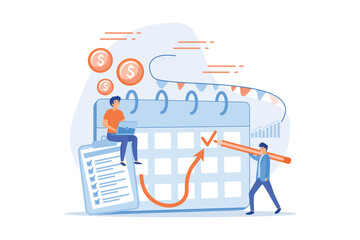 Colleagues preparing for corporate party. Time management, deadline. Brand event. Event brand management, sponsored event organization concept, flat vector modern illustration