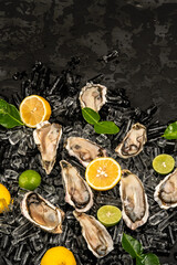 Oysters with lemons and ice. Restaurant menu.