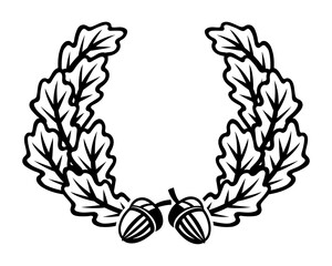 Wreath of oak leaves and acorns on a white background.