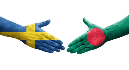 Handshake between Bangladesh and Sweden flags painted on hands, isolated transparent image.