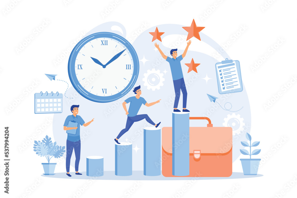 Poster businessman sets goals and runs up on graph columns for success on time. self-management, self regul