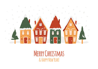 Winter village, cozy houses, fir trees, snowfall. Merry Christmas and Happy New Year text. Bright fairy huts on white background. Vector illustration. Greeting banner, card. Cute festive city scene.