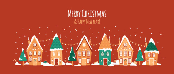 Winter village, street with light bulbs, cozy houses, fir trees, snowfall. Merry Christmas and Happy New Year text. Bright fairy huts on red background. Vector illustration. Greeting banner, card.