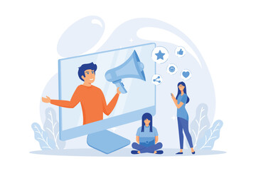 Social media marketing, digital promo campaign. SMM strategy. Like comment share giveaway, social networks promotion, like farming concept, flat vector modern illustration