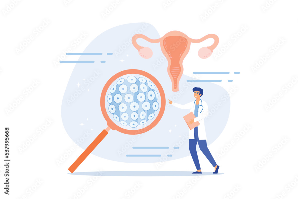 Wall mural Doctor diagnosis HPV virus. Cervical cancer early diagnostics and checkup. Scientist analyzing infected cells. HPV vaccination for reduce virus infection risk or oncology, flat vector modern illustrat