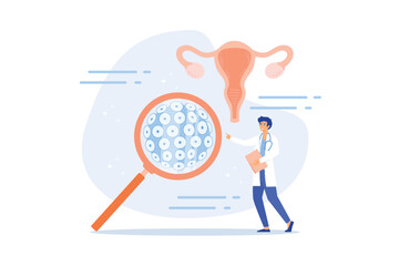 Doctor diagnosis HPV virus. Cervical cancer early diagnostics and checkup. Scientist analyzing infected cells. HPV vaccination for reduce virus infection risk or oncology, flat vector modern illustrat