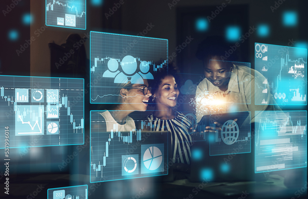 Poster stock market, overlay and trading team on finance, blockchain and forex digital website working on a