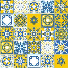 Mexican Ceramic Tile, Blue Yellow White Contrast Color, Azulejo Mosaic Tile