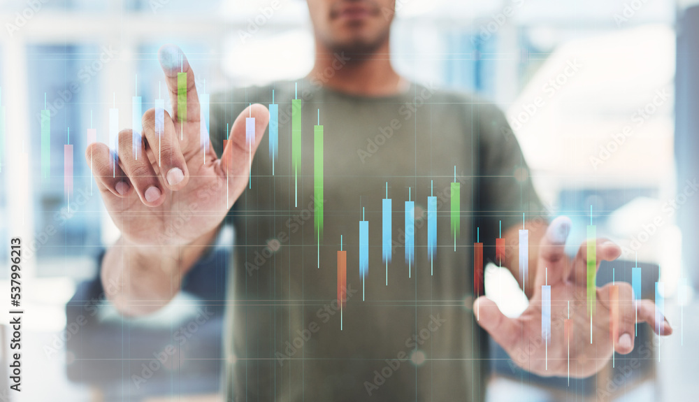 Poster Hand, 3d digital or big data computer, futuristic web graphs and digital transformation with businessman, trader or investor. Hands of website developer, crypto reading analytics and research on tech