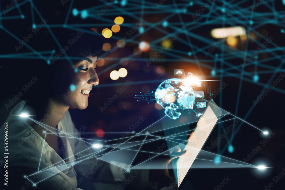 Leinwandbilder Woman on digital tablet, futuristic network overlay and iot cloud data communication hologram with blockchain coding technology. Future of cyber security, fintech software and information technology