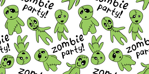 Obraz na płótnie Canvas Vector seamless pattern with cute zombies in cartoon flat style. Zombie party - lettering. Halloween backgrounds and textures.