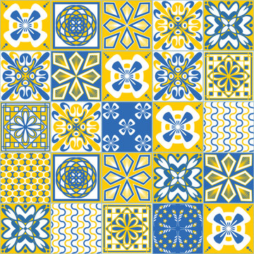 Azulejo spanish portuguese square tiles, wall decoration, yellow blue white color