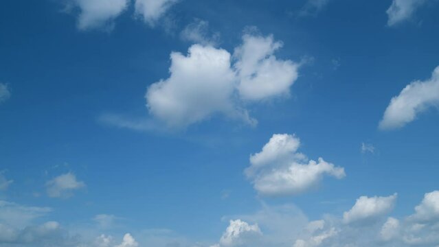 Cloudscape cumulus and cirrus on different layers moving on beautiful bright sunny clear blue sky. Cloudscape moved on daylight horizon. Timelapse.