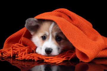 Cute little pembroke welsh corgi puppy wearing an orange scarf