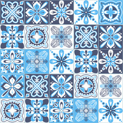 Azulejo talavera blue white ceramic tile pattern, vector illustration for design - obrazy, fototapety, plakaty
