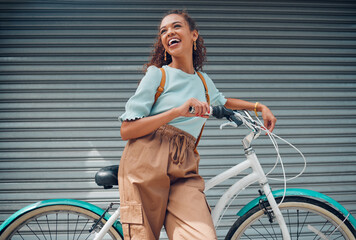 Summer, smile and girl with bicycle in city to explore, journey and outdoor adventure. Fashion, beauty and happy young girl with bike in road. Cycling, carbon footprint and student in urban street