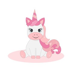 A unicorn baby with pink hair is smiling sweetly.