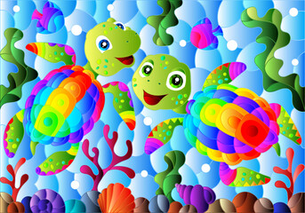Illustration in the style of stained glass with bright cartoon turtles on the background of the sea floor, fish and water
