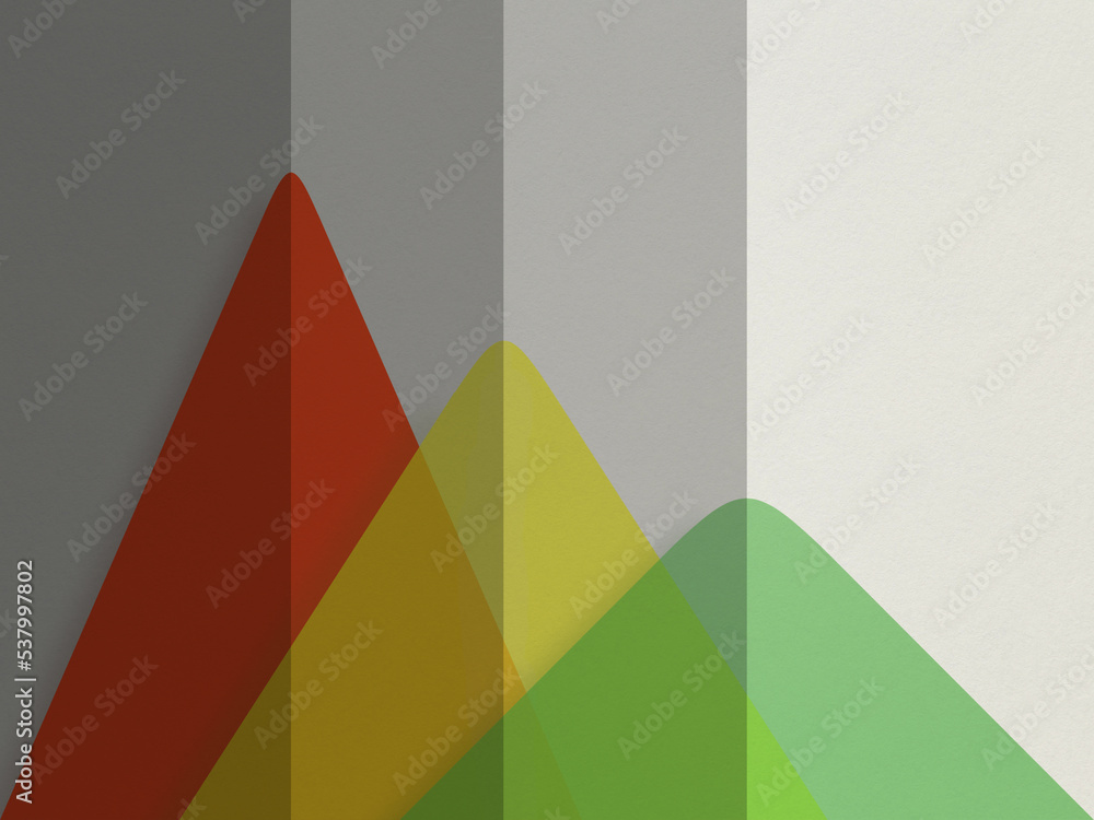 Aufkleber three colorful, transparent and overlapping triangles on a textured gray paper background. abstract 