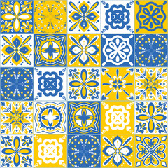 Vector pattern ceramic tiles in Portuguese Azulejo style, contrast blue yellow vector illustration
