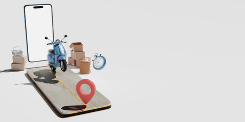 3D rendering Blue Delivery Bike Courier service.Fast Delivery motorcycle concept design .cardboard boxes.Smartphone, Gps icon ,shopping bag,Stop watch