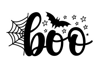 Boo - calligraphy design woth spider web and bat silhouette and stars. Good for T shirt print, poster, card, label, and other decoration for Halloween.