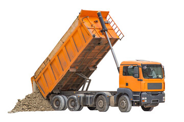 Unloading soil from a dump truck. The work of construction equipment in the production of earthworks