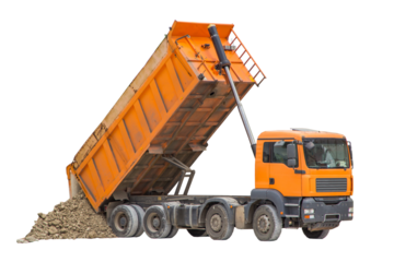 Unloading soil from a dump truck. The work of construction equipment in the production of earthworks