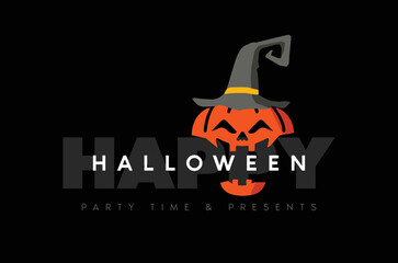 Happy Halloween Text Banner, Vector Party Time and presents horror the poster illustrations of pumpkin with the hat